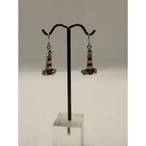 Vintage Silver Tone Enamel Lighthouse Dangle Earrings – Coastal Maritime Jewelry